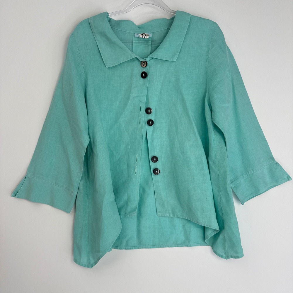 Habitat Button Up Top Womens Large Aqua Turquoise 100% Linen Asymmetrical